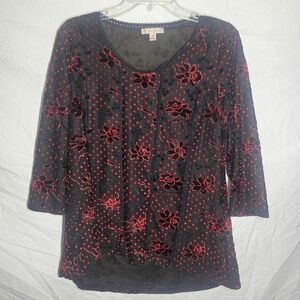 Vintage 90s y2k red black whimsigothic 3/4 sleeve top